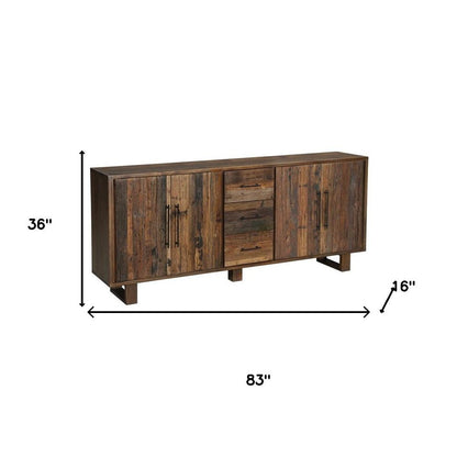 83" Dark Brown Distressed Reclaimed Wood Three Drawer Sideboard with Four Doors HomeRoots