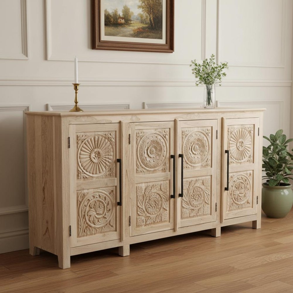 74" Natural Distressed Solid Wood Carved Floral Sideboard with Four Doors HomeRoots