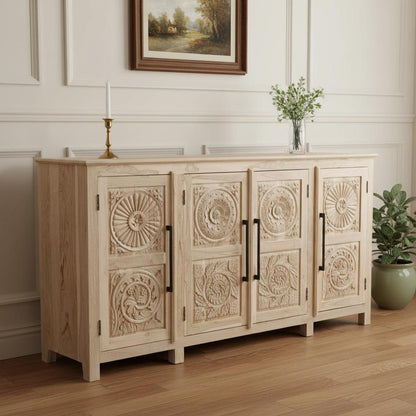 74" Natural Distressed Solid Wood Carved Floral Sideboard with Four Doors HomeRoots