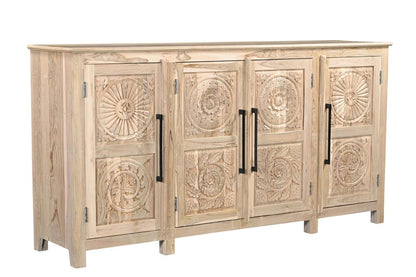 74" Natural Distressed Solid Wood Carved Floral Sideboard with Four Doors HomeRoots