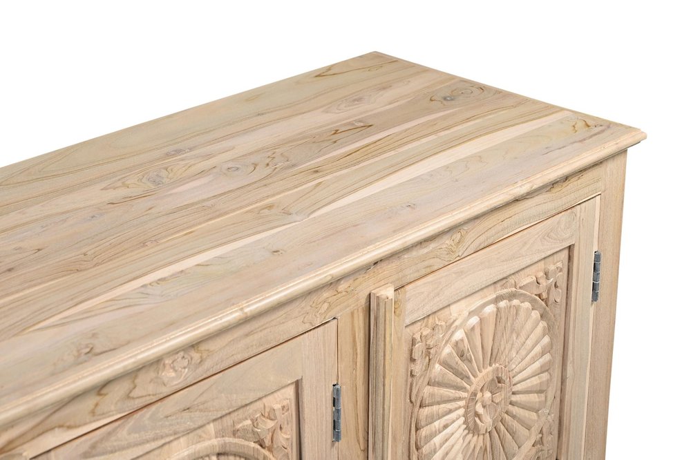 74" Natural Distressed Solid Wood Carved Floral Sideboard with Four Doors HomeRoots
