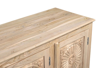 74" Natural Distressed Solid Wood Carved Floral Sideboard with Four Doors HomeRoots
