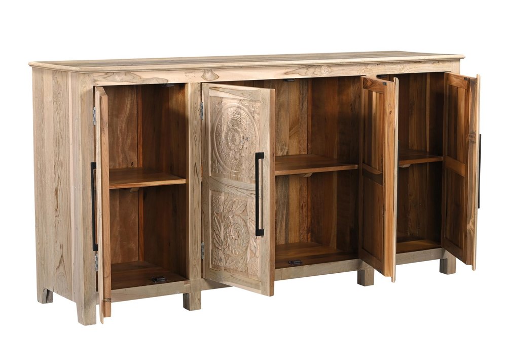 74" Natural Distressed Solid Wood Carved Floral Sideboard with Four Doors HomeRoots
