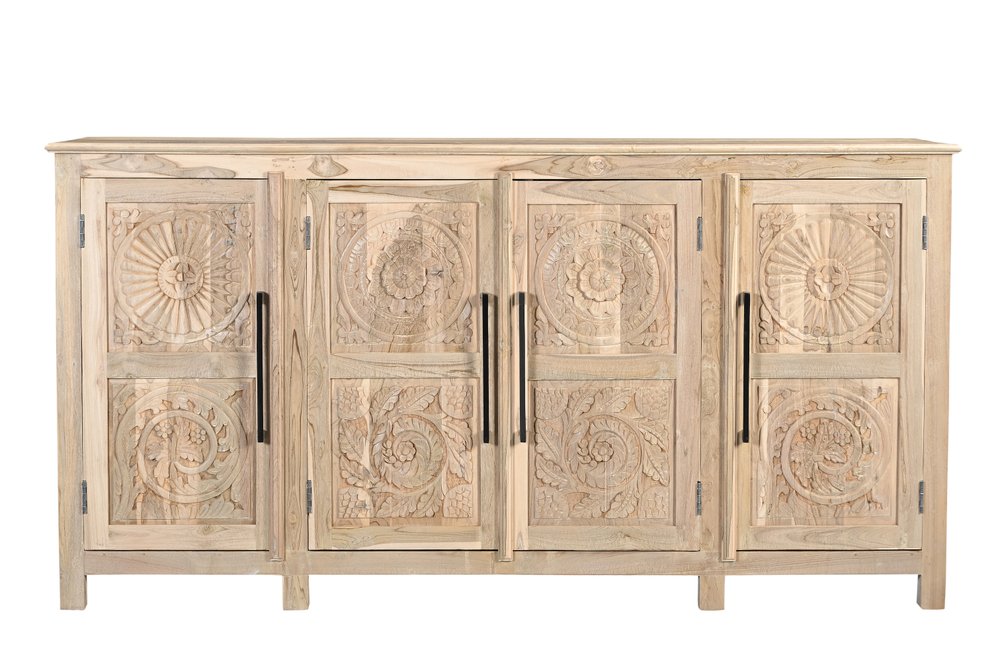 74" Natural Distressed Solid Wood Carved Floral Sideboard with Four Doors HomeRoots