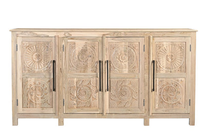 74" Natural Distressed Solid Wood Carved Floral Sideboard with Four Doors HomeRoots