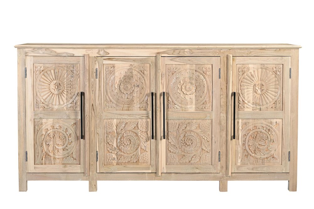 74" Natural Distressed Solid Wood Carved Floral Sideboard with Four Doors HomeRoots