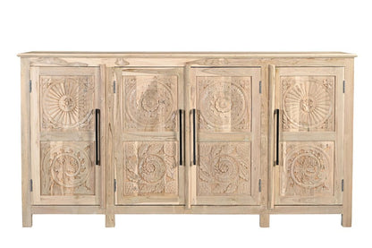 74" Natural Distressed Solid Wood Carved Floral Sideboard with Four Doors HomeRoots