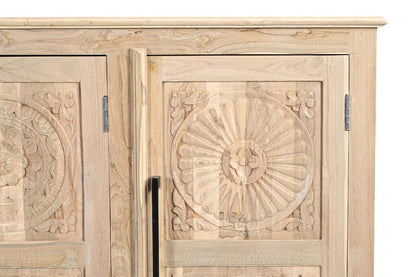 74" Natural Distressed Solid Wood Carved Floral Sideboard with Four Doors HomeRoots