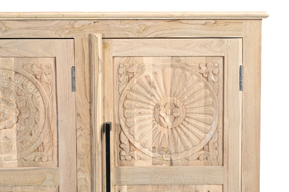 74" Natural Distressed Solid Wood Carved Floral Sideboard with Four Doors HomeRoots