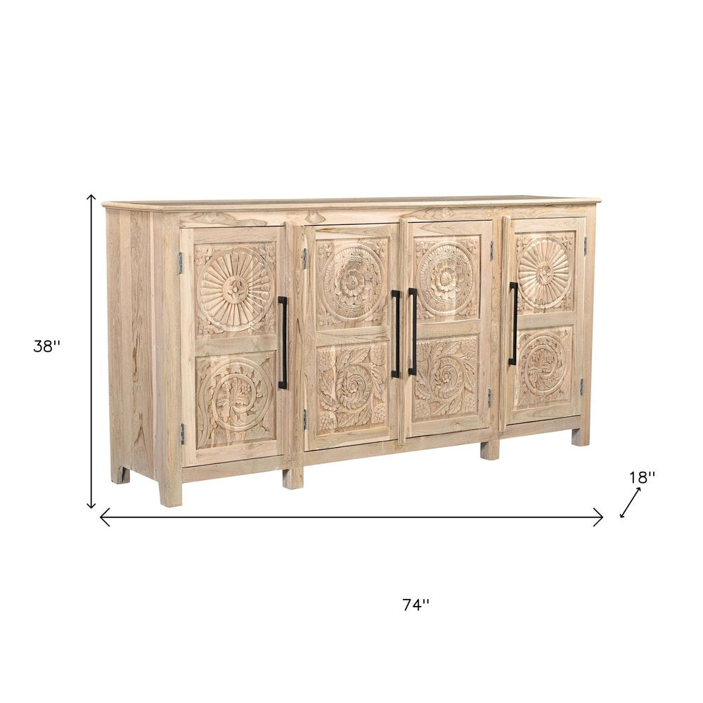 74" Natural Distressed Solid Wood Carved Floral Sideboard with Four Doors HomeRoots