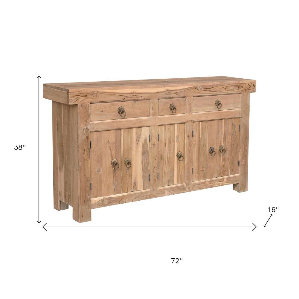 72" Natural Solid Wood Three Drawer Sideboard with Five Doors HomeRoots
