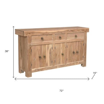 72" Natural Solid Wood Three Drawer Sideboard with Five Doors HomeRoots