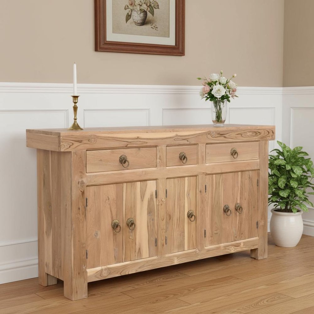 72" Natural Solid Wood Three Drawer Sideboard with Five Doors HomeRoots