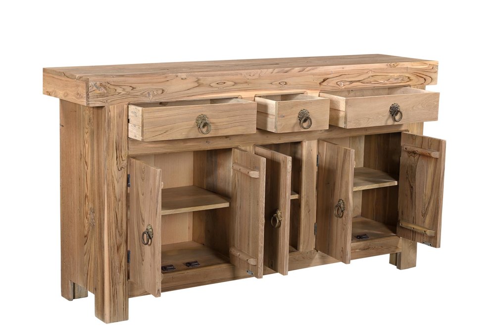 72" Natural Solid Wood Three Drawer Sideboard with Five Doors HomeRoots