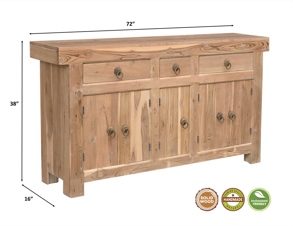72" Natural Solid Wood Three Drawer Sideboard with Five Doors HomeRoots