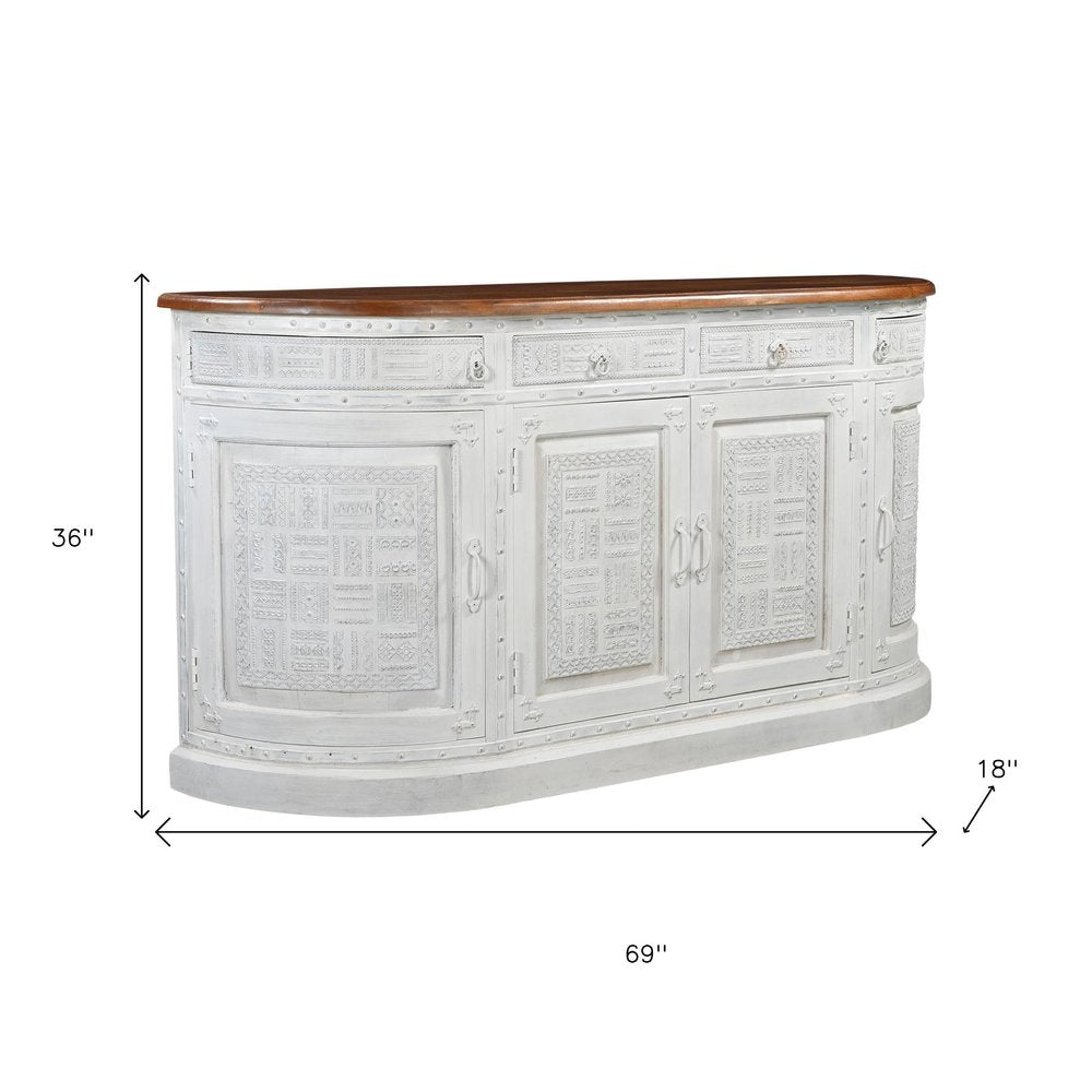 69" White And Brown Solid Wood Carved Geometric Four Drawer Four Door Sideboard HomeRoots