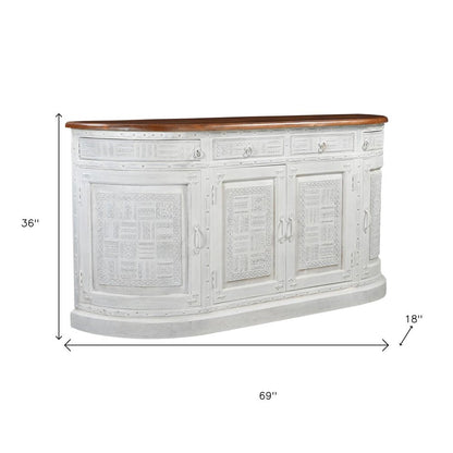 69" White And Brown Solid Wood Carved Geometric Four Drawer Four Door Sideboard HomeRoots
