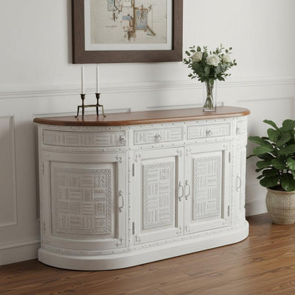 69" White And Brown Solid Wood Carved Geometric Four Drawer Four Door Sideboard HomeRoots