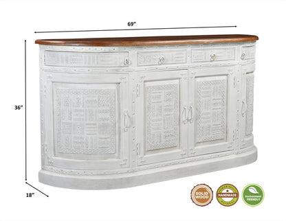69" White And Brown Solid Wood Carved Geometric Four Drawer Four Door Sideboard HomeRoots