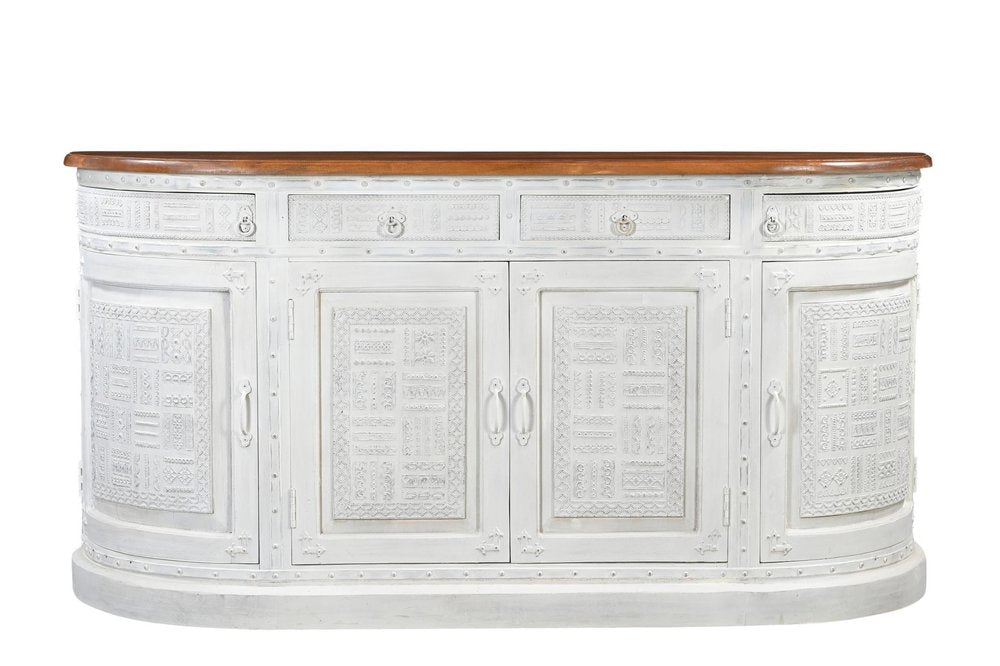 69" White And Brown Solid Wood Carved Geometric Four Drawer Four Door Sideboard HomeRoots