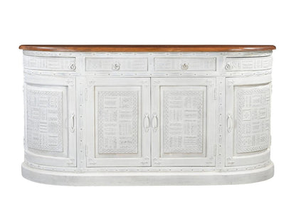 69" White And Brown Solid Wood Carved Geometric Four Drawer Four Door Sideboard HomeRoots