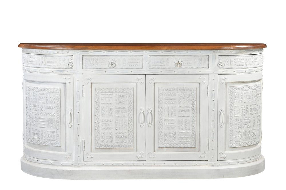 69" White And Brown Solid Wood Carved Geometric Four Drawer Four Door Sideboard HomeRoots