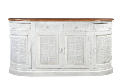 69" White And Brown Solid Wood Carved Geometric Four Drawer Four Door Sideboard HomeRoots