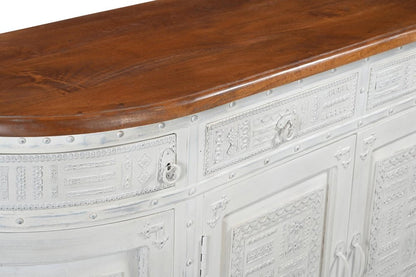 69" White And Brown Solid Wood Carved Geometric Four Drawer Four Door Sideboard HomeRoots