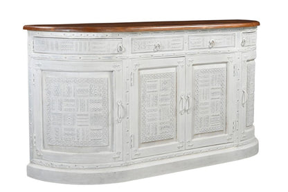 69" White And Brown Solid Wood Carved Geometric Four Drawer Four Door Sideboard HomeRoots