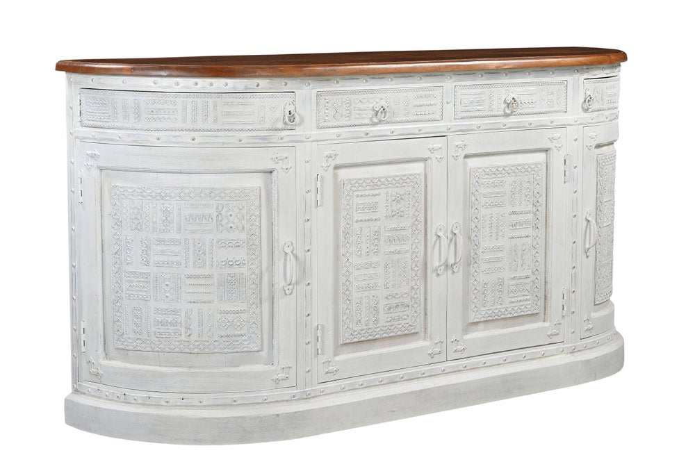 69" White And Brown Solid Wood Carved Geometric Four Drawer Four Door Sideboard HomeRoots