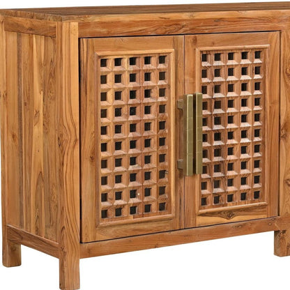 71" Brown Solid Wood Carved Geometric Sideboard with Four Doors HomeRoots