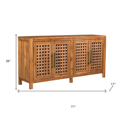 71" Brown Solid Wood Carved Geometric Sideboard with Four Doors HomeRoots