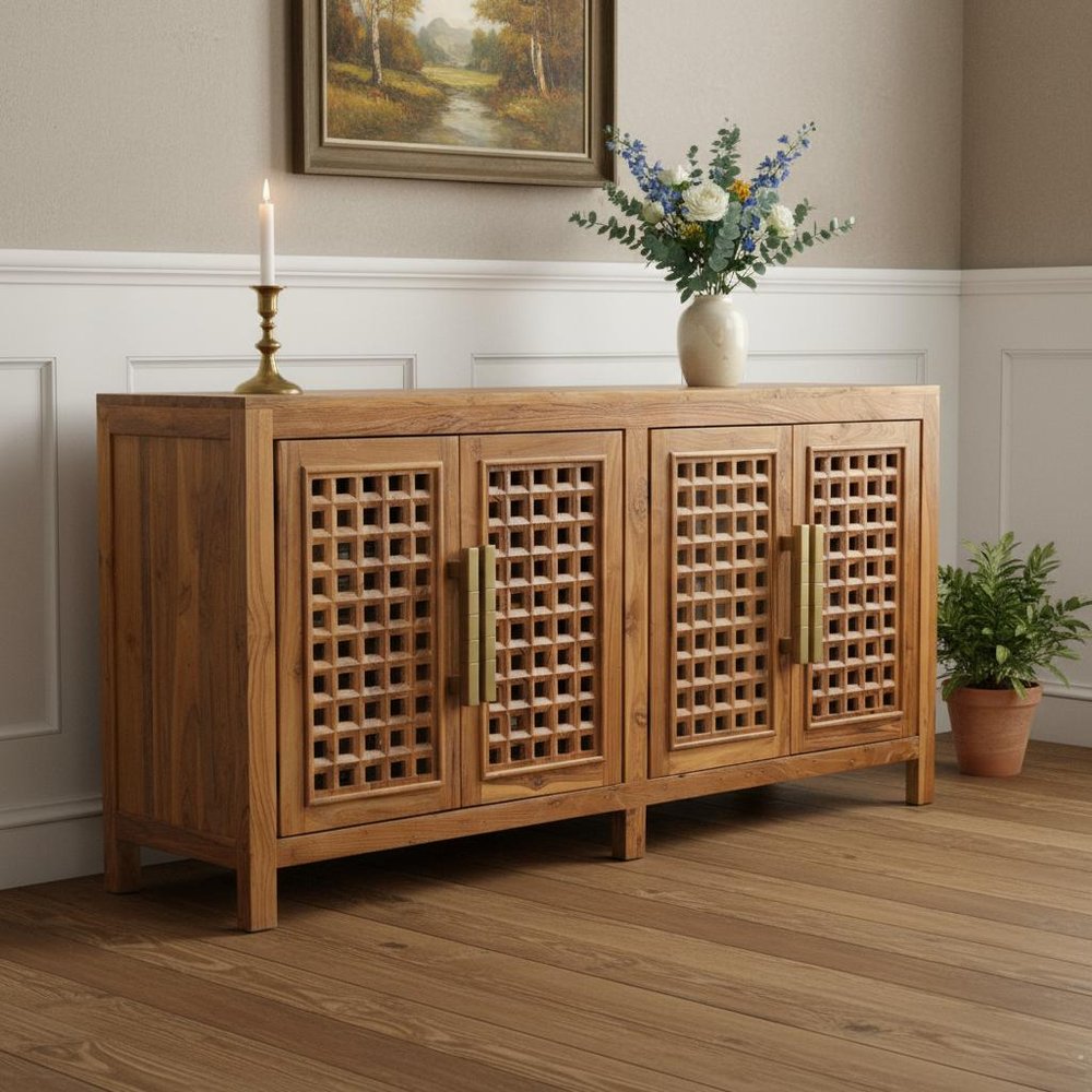 71" Brown Solid Wood Carved Geometric Sideboard with Four Doors HomeRoots