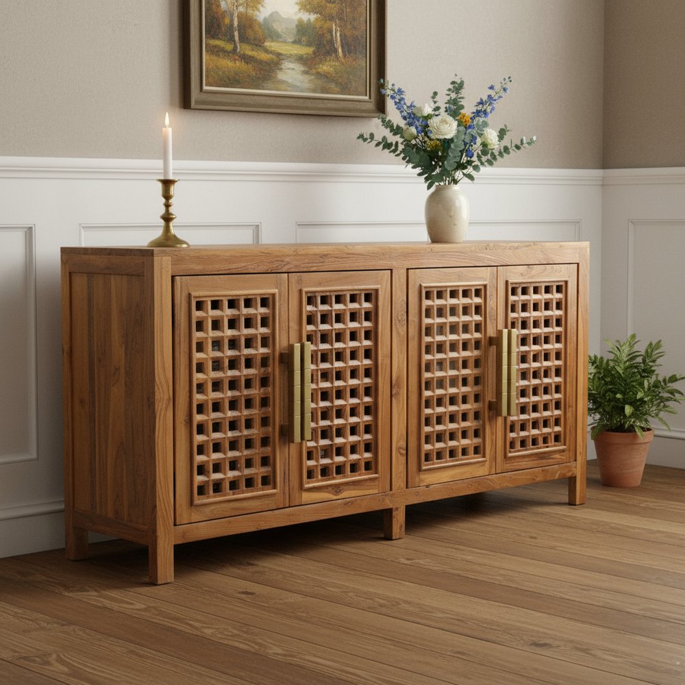 71" Brown Solid Wood Carved Geometric Sideboard with Four Doors HomeRoots