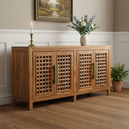 71" Brown Solid Wood Carved Geometric Sideboard with Four Doors HomeRoots