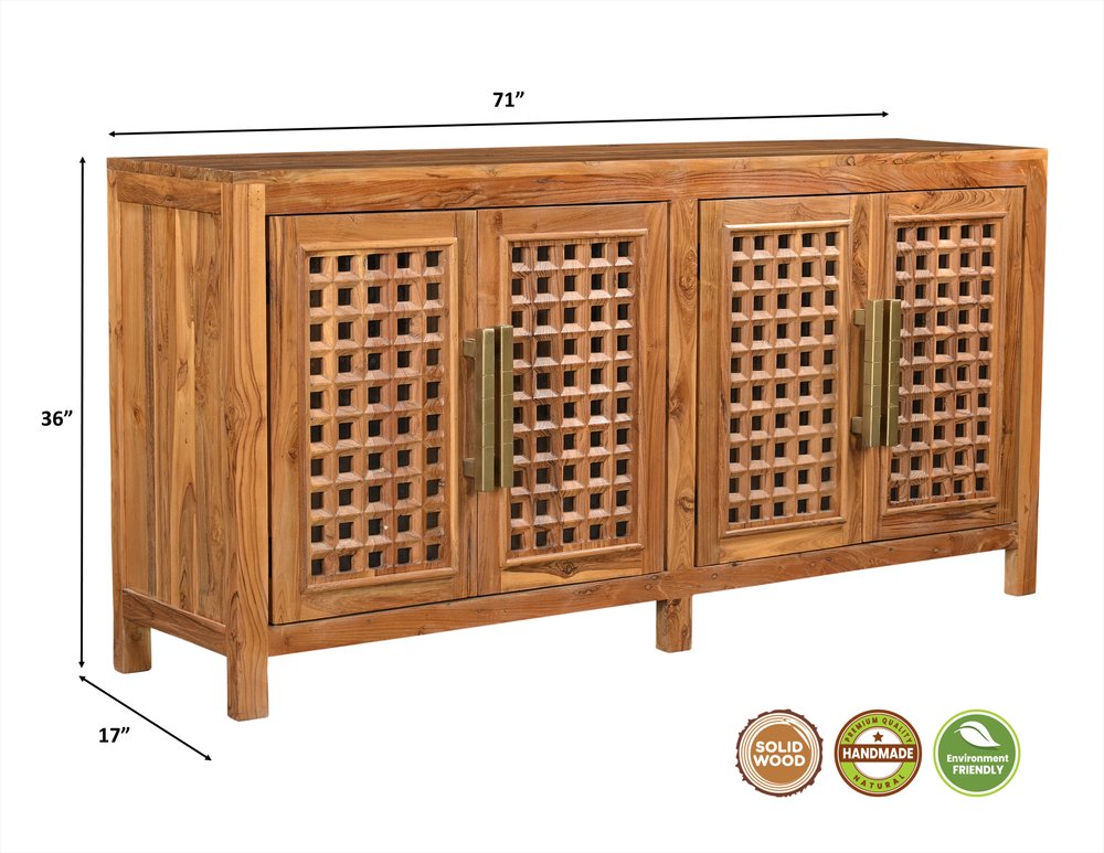 71" Brown Solid Wood Carved Geometric Sideboard with Four Doors HomeRoots