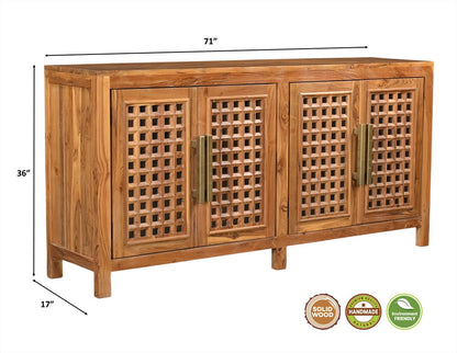 71" Brown Solid Wood Carved Geometric Sideboard with Four Doors HomeRoots