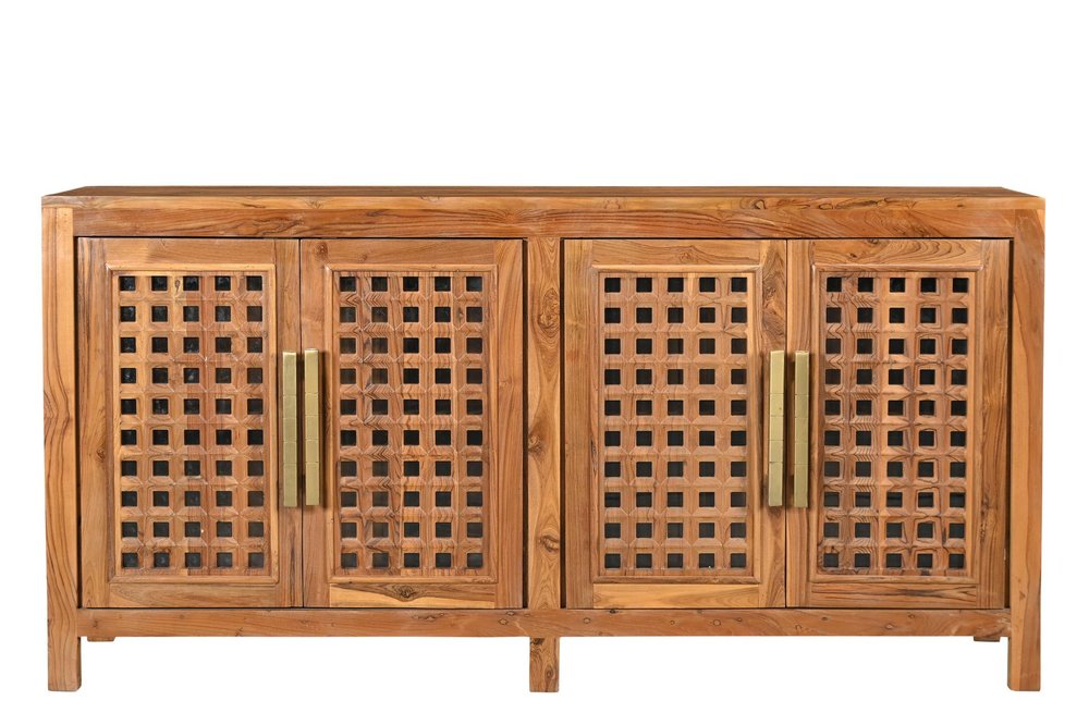 71" Brown Solid Wood Carved Geometric Sideboard with Four Doors HomeRoots