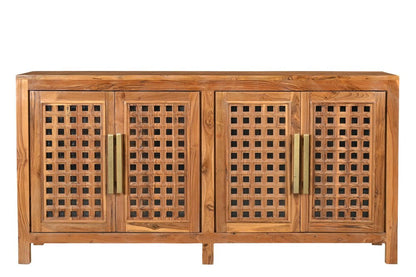 71" Brown Solid Wood Carved Geometric Sideboard with Four Doors HomeRoots