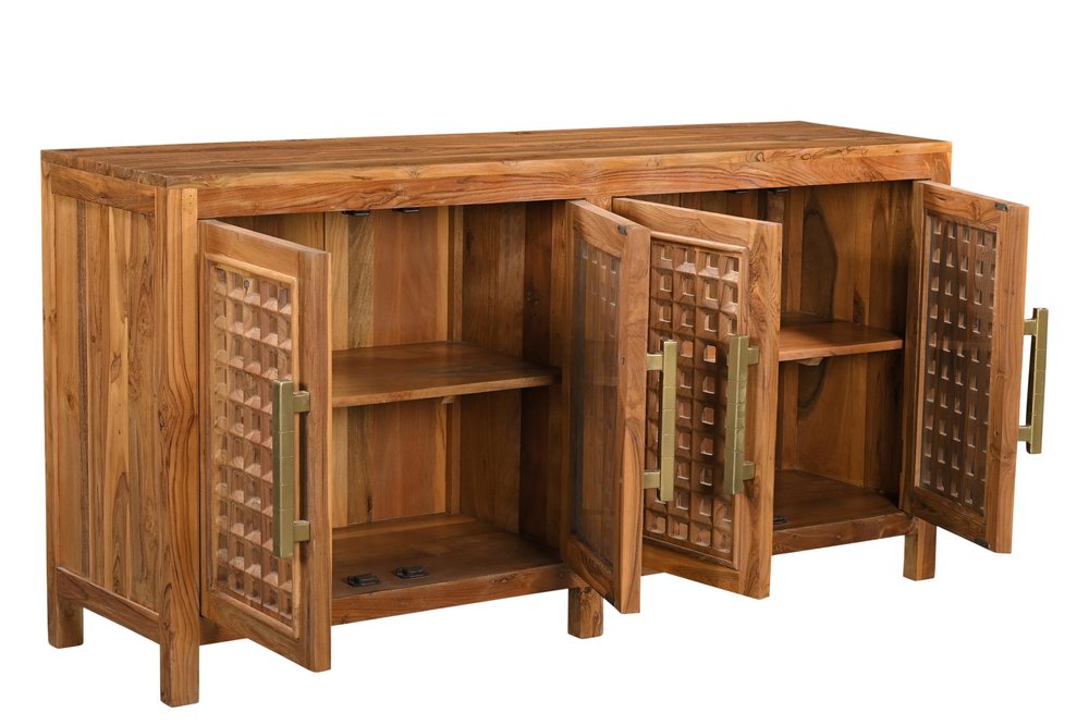 71" Brown Solid Wood Carved Geometric Sideboard with Four Doors HomeRoots