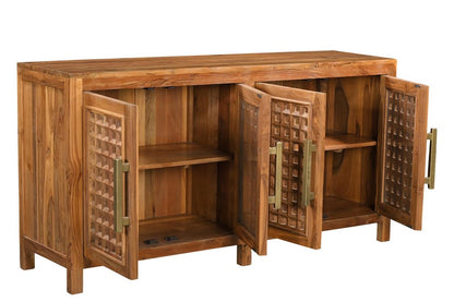 71" Brown Solid Wood Carved Geometric Sideboard with Four Doors HomeRoots