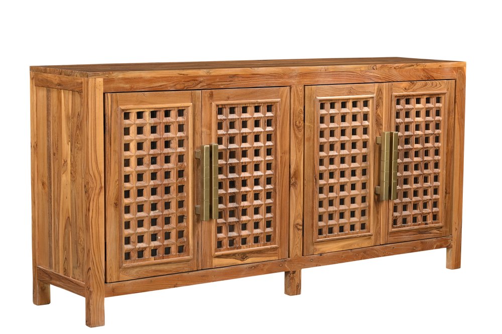71" Brown Solid Wood Carved Geometric Sideboard with Four Doors HomeRoots