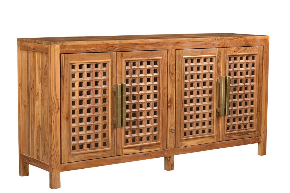 71" Brown Solid Wood Carved Geometric Sideboard with Four Doors HomeRoots