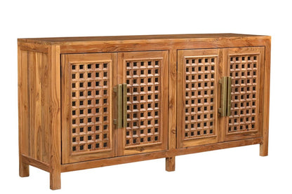 71" Brown Solid Wood Carved Geometric Sideboard with Four Doors HomeRoots