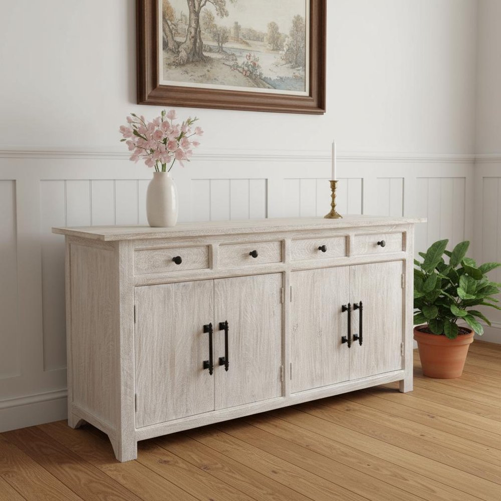 79" White Distressed Solid Wood Paneled Four Drawer Sideboard with Four Doors HomeRoots