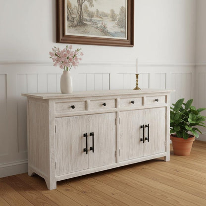 79" White Distressed Solid Wood Paneled Four Drawer Sideboard with Four Doors HomeRoots