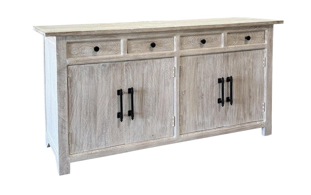 79" White Distressed Solid Wood Paneled Four Drawer Sideboard with Four Doors HomeRoots