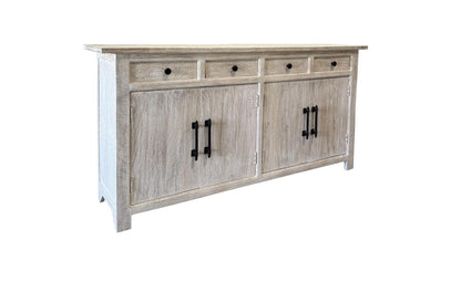 79" White Distressed Solid Wood Paneled Four Drawer Sideboard with Four Doors HomeRoots