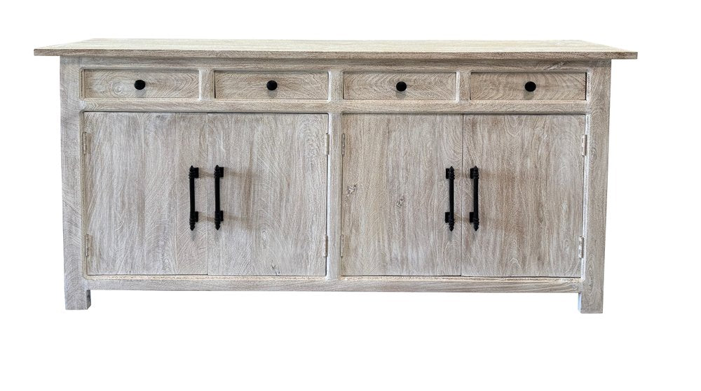 79" White Distressed Solid Wood Paneled Four Drawer Sideboard with Four Doors HomeRoots