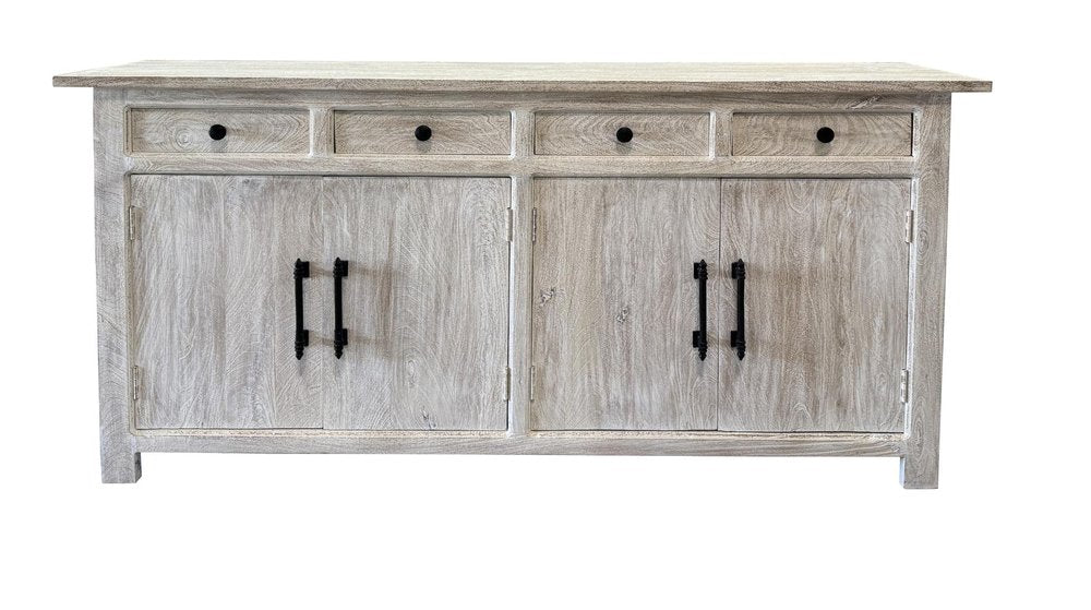 79" White Distressed Solid Wood Paneled Four Drawer Sideboard with Four Doors HomeRoots